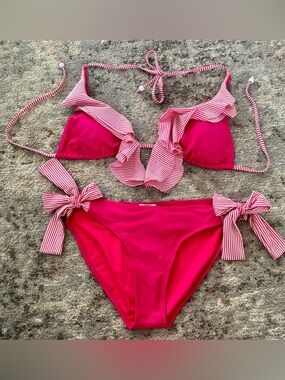 Jessica Simpson Striped Ruffle Tie Bikini Set in Hot Pink women large
